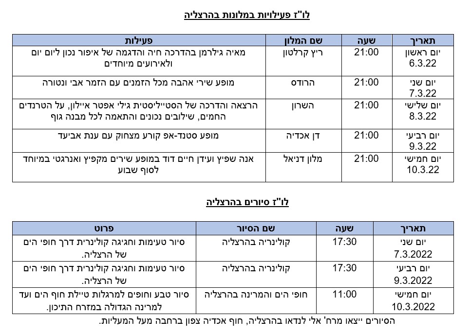 רשימת מופעים וסיורים במלונות בחודש מרץ